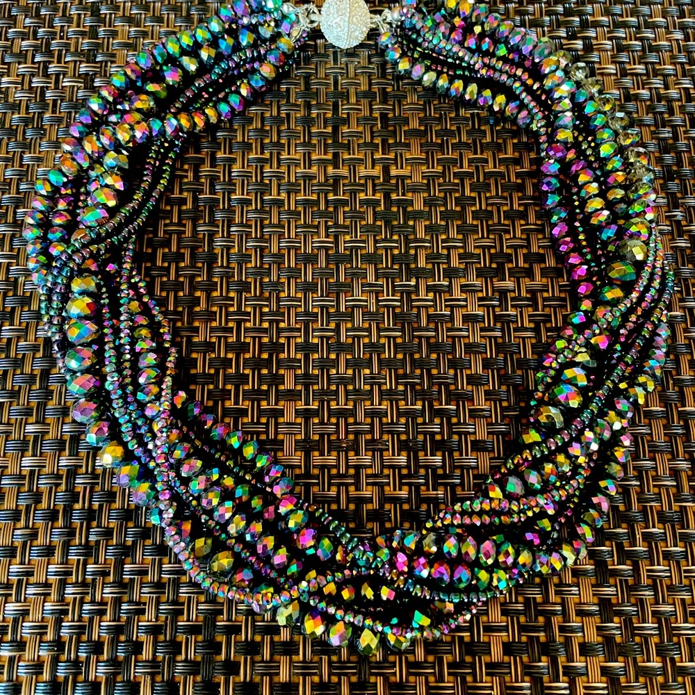 Aurora Borealis Bead Necklace with Crystal Beaded Silver Magnetic Clasp